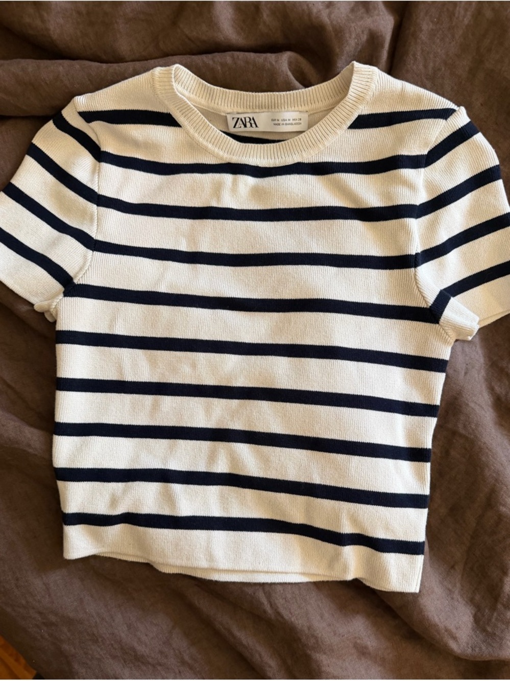 Zara Short Sleeve Striped Knit Top - White & Navy
